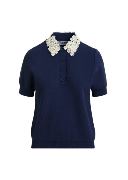 Dark blue fine knit polo top with white and yellow floral embellished collar