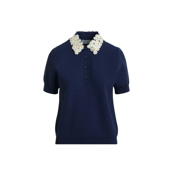 Essentiel Antwerp Dark blue fine knit polo top with white and yellow floral embellished collar