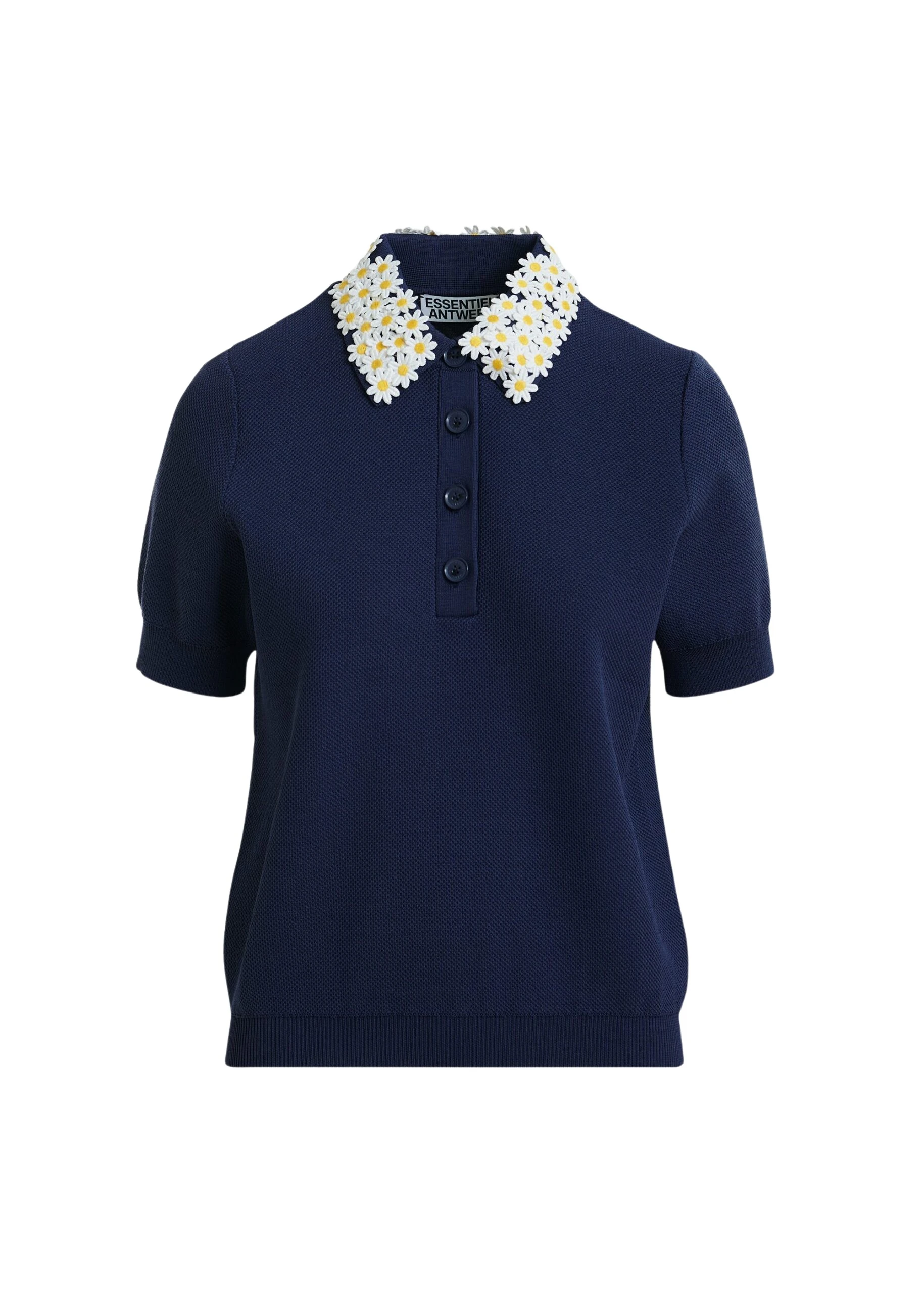 Essentiel-Antwerp-Dark-blue-fine-knit-polo-top-with-white-and-yellow-floral-embellished-collar-scaled80793_nobg Essentiel Antwerp Dark blue fine knit polo top with white and yellow floral embellished collar