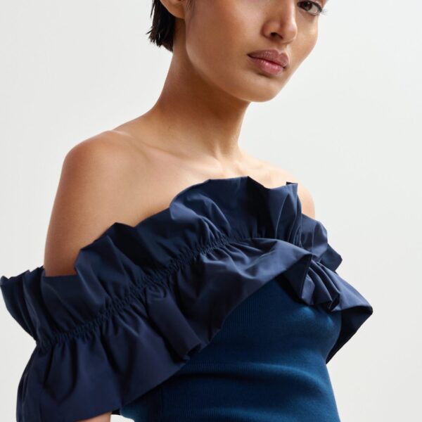 Essentiel Antwerp Dark blue off-shoulder knit top with ruffle trim, view 2