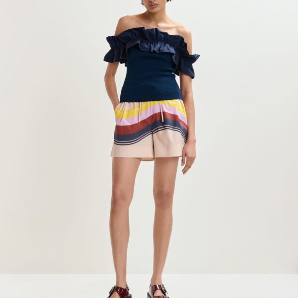 Essentiel Antwerp Dark blue off-shoulder knit top with ruffle trim, view 3
