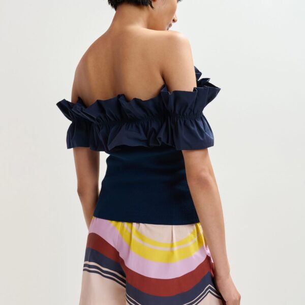 Essentiel Antwerp Dark blue off-shoulder knit top with ruffle trim, view 4