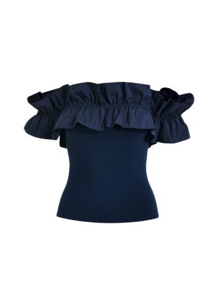 Dark blue off-shoulder knit top with ruffle trim