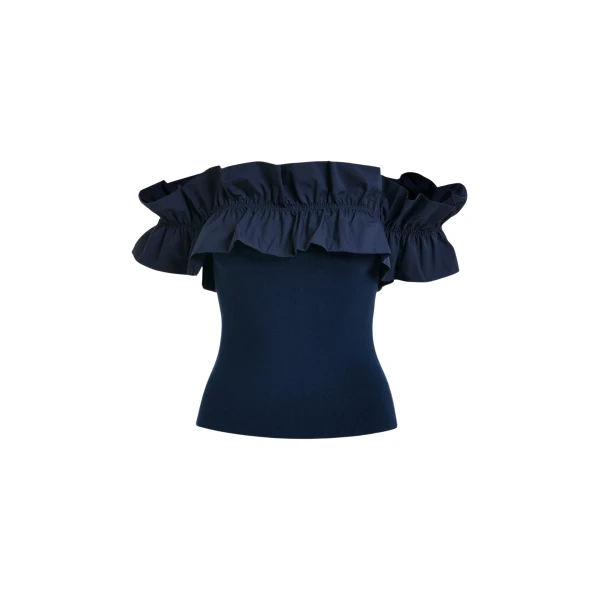 Essentiel Antwerp Dark blue off-shoulder knit top with ruffle trim
