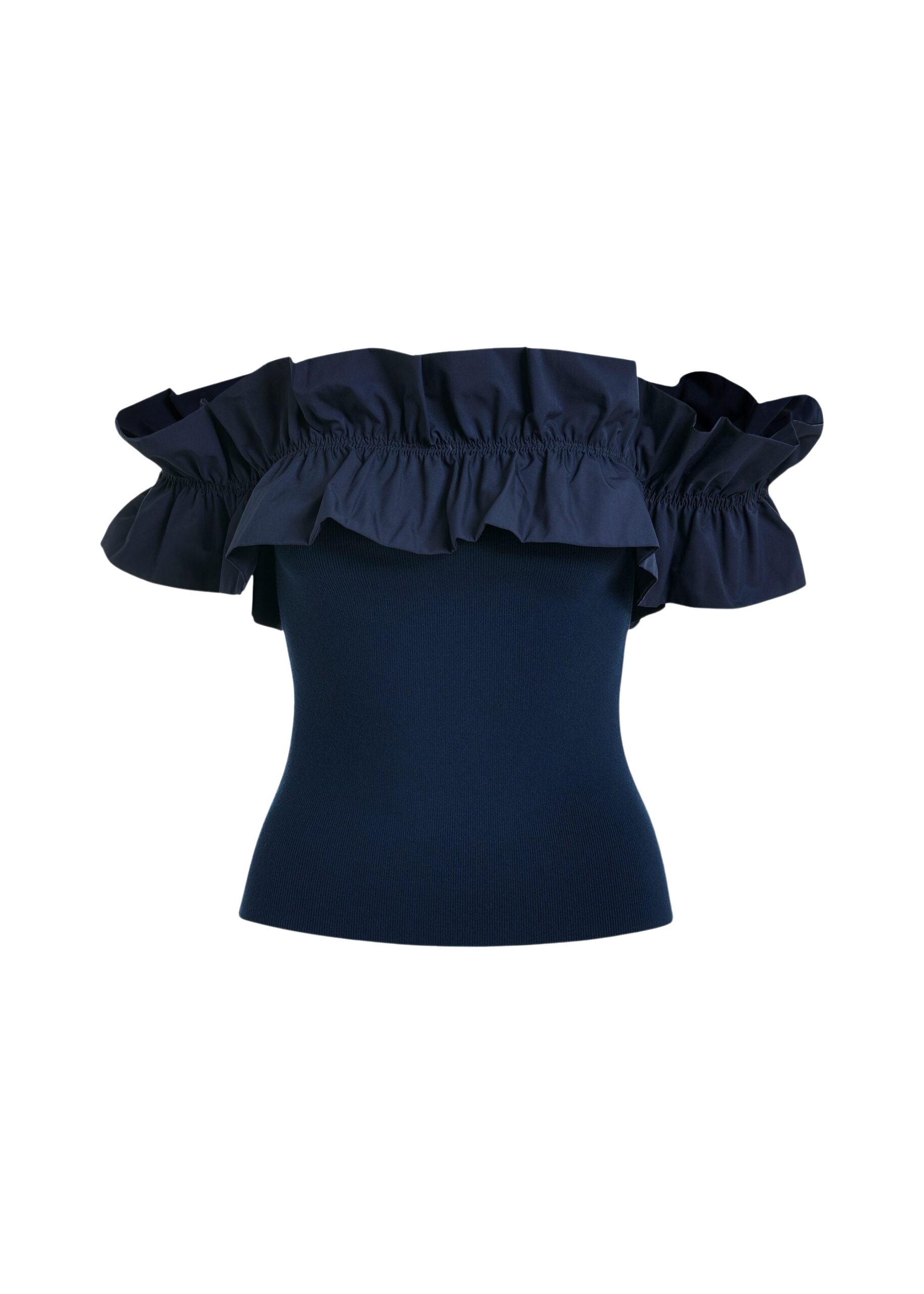 Dark blue off-shoulder knit top with ruffle trim