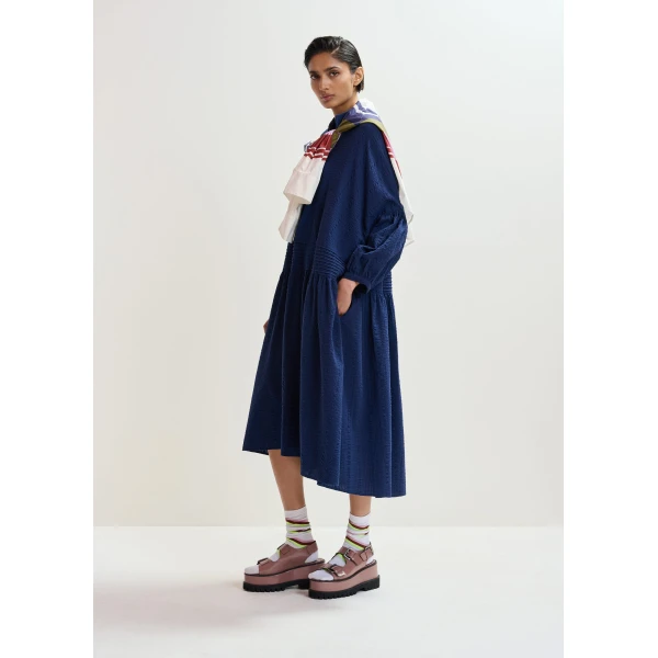 Essentiel Antwerp Dark blue shirt dress with pleated waist, view 3