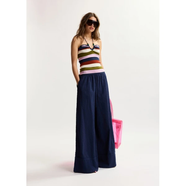 Essentiel Antwerp Dark blue wide-leg pants with contrast stitching, view 2