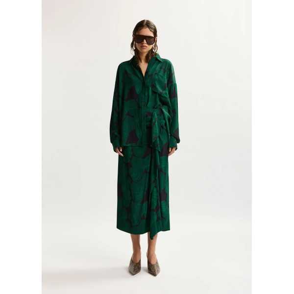 Essentiel Antwerp Dark green and black draped midi skirt with tropical print, view 2