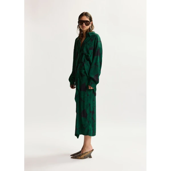 Essentiel Antwerp Dark green and black draped midi skirt with tropical print, view 3
