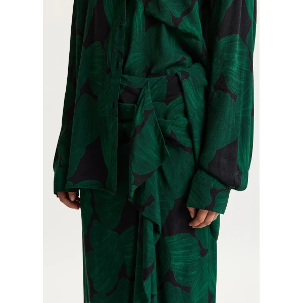 Essentiel Antwerp Dark green and black draped midi skirt with tropical print, view 4