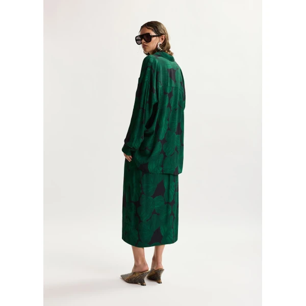 Essentiel Antwerp Dark green and black draped midi skirt with tropical print, view 5