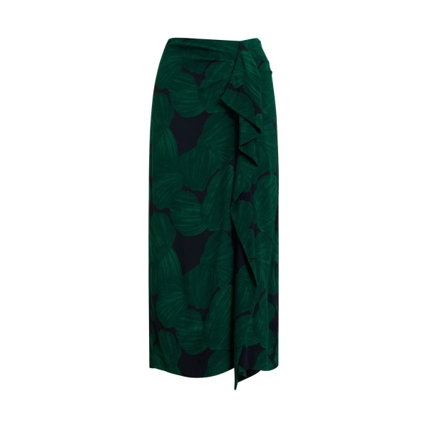 Dark green and black draped midi skirt with tropical print