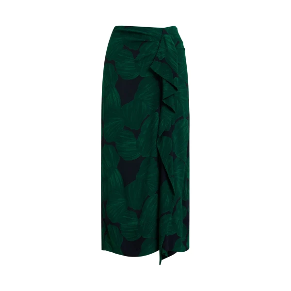 Essentiel Antwerp Dark green and black draped midi skirt with tropical print