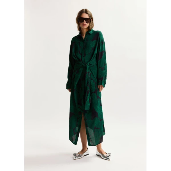 Essentiel Antwerp Dark green and black tropical print shirt dress with faux shirt sleeve detail, view 2