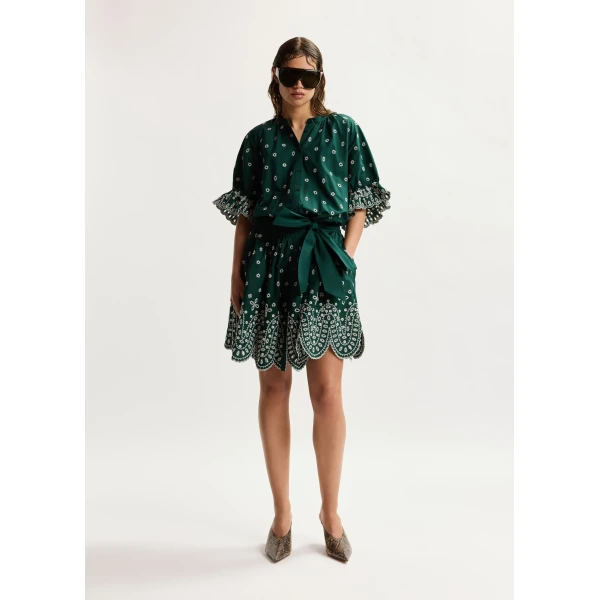 Essentiel Antwerp Dark green and white embroidered cotton mini dress with mandarin collar, view 2