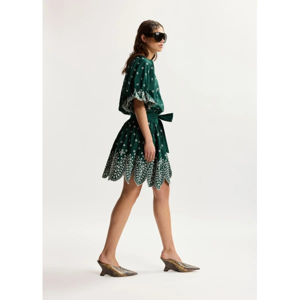 Essentiel Antwerp Dark green and white embroidered cotton mini dress with mandarin collar, view 3