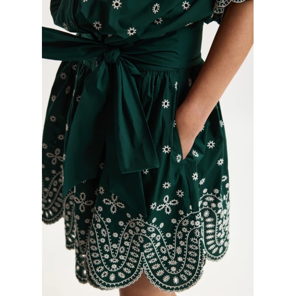 Essentiel Antwerp Dark green and white embroidered cotton mini dress with mandarin collar, view 4