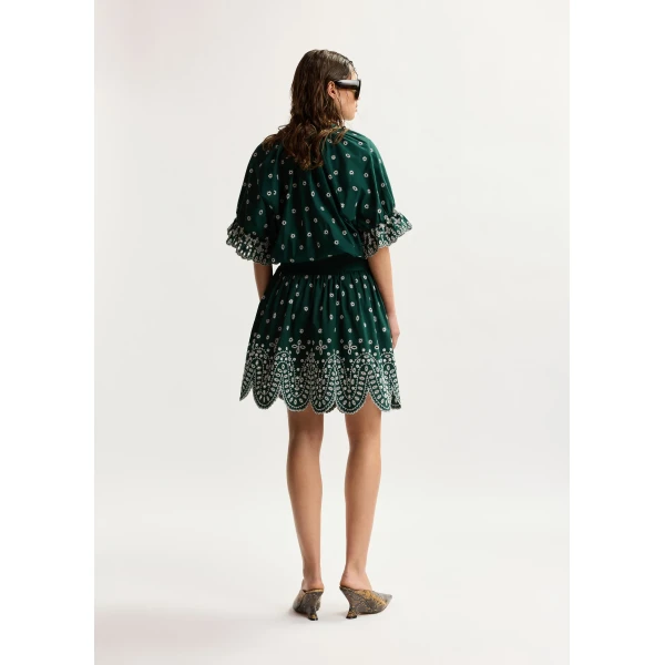 Essentiel Antwerp Dark green and white embroidered cotton mini dress with mandarin collar, view 5