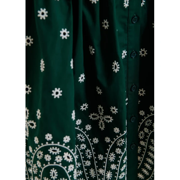 Essentiel Antwerp Dark green and white embroidered cotton mini dress with mandarin collar, view 6
