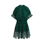 Essentiel Antwerp Dark green and white embroidered cotton mini dress with mandarin collar
