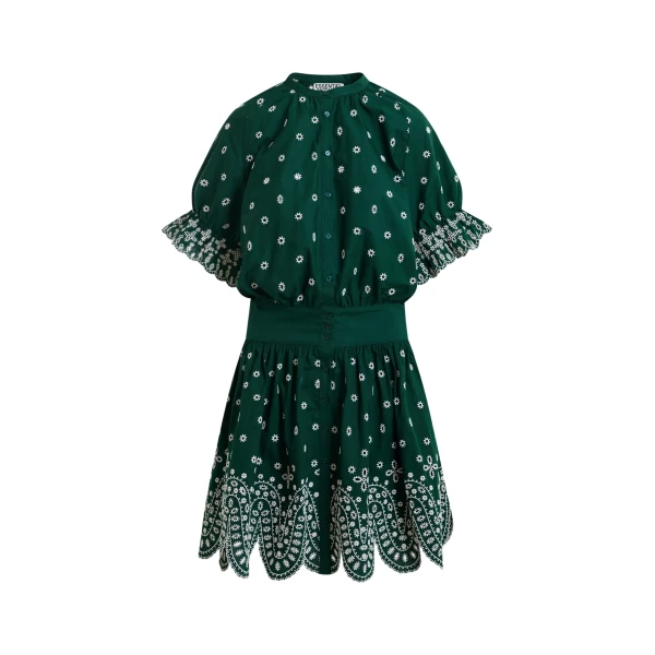 Essentiel Antwerp Dark green and white embroidered cotton mini dress with mandarin collar