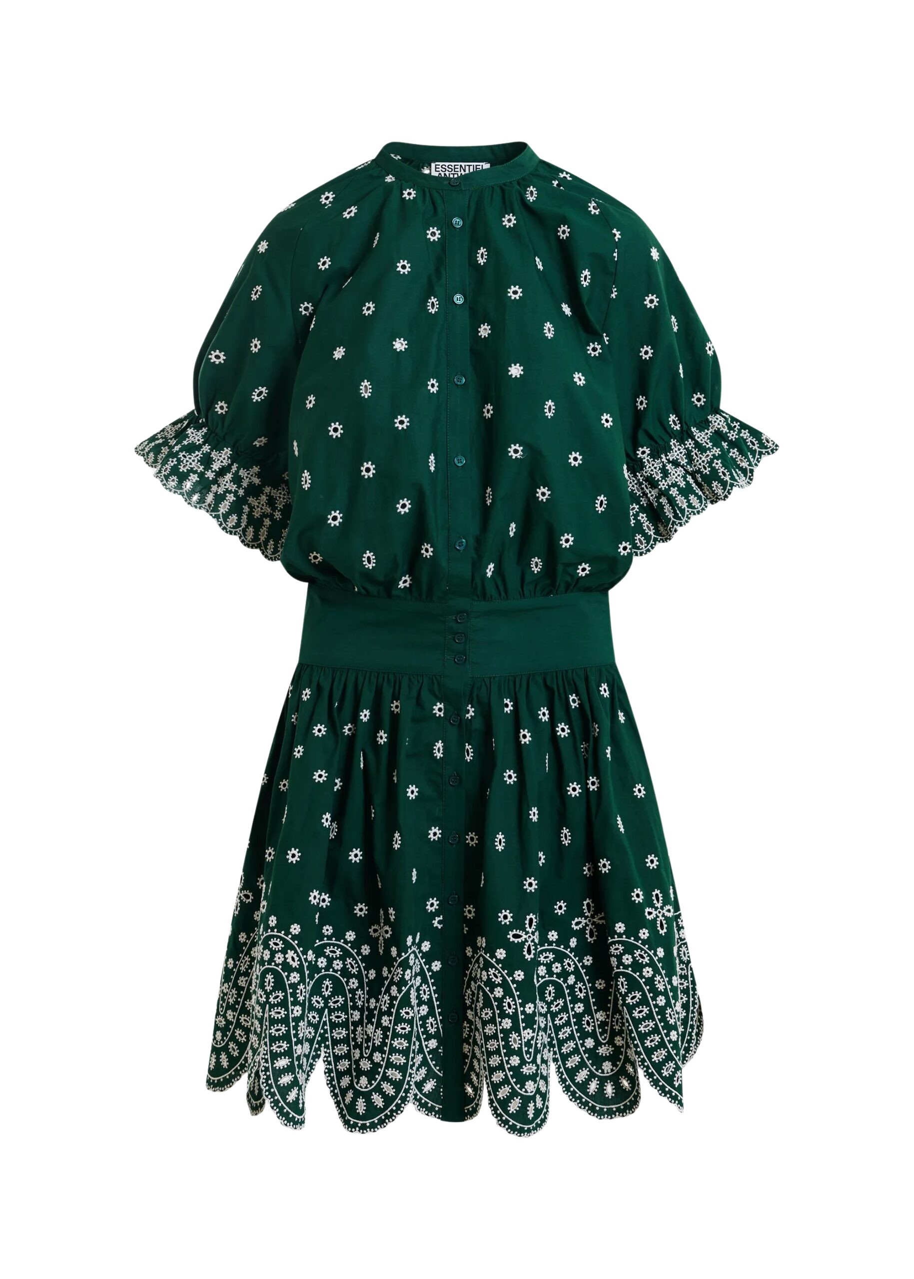 Dark green and white embroidered cotton mini dress with mandarin collar