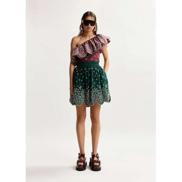 Essentiel Antwerp Dark green and white embroidered cotton skirt with scalloped hemline, view 2