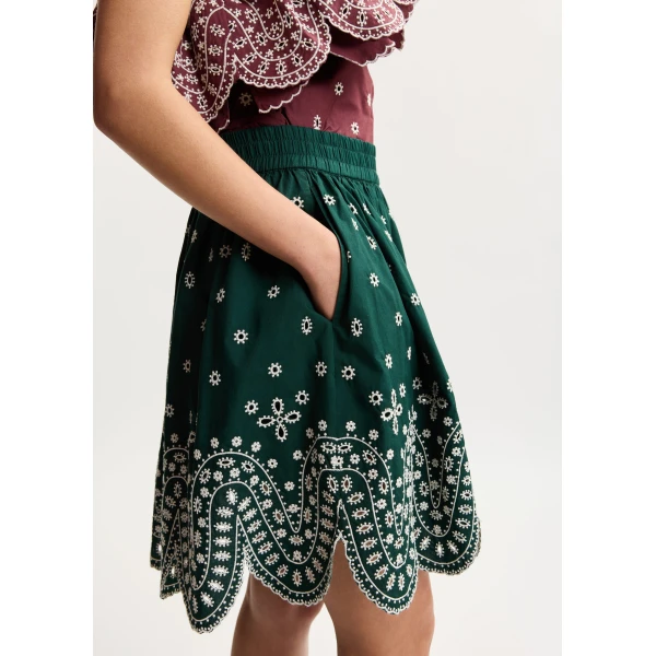 Essentiel Antwerp Dark green and white embroidered cotton skirt with scalloped hemline, view 3