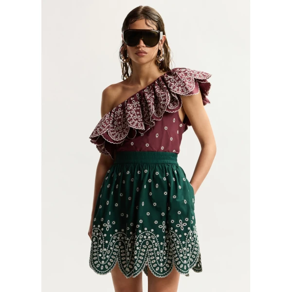 Essentiel Antwerp Dark green and white embroidered cotton skirt with scalloped hemline, view 4