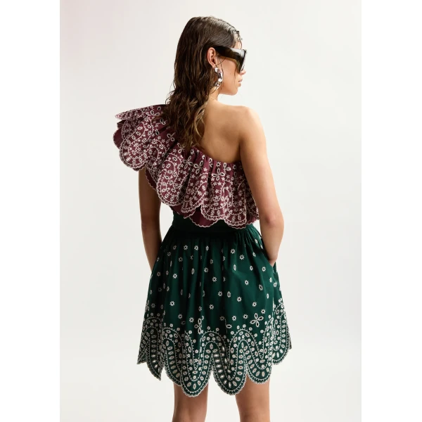 Essentiel Antwerp Dark green and white embroidered cotton skirt with scalloped hemline, view 5