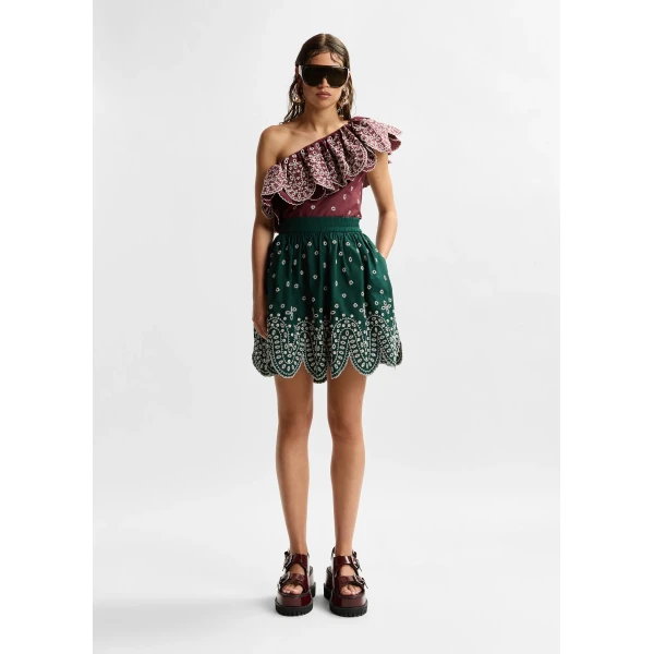 Essentiel Antwerp Dark green and white embroidered cotton skirt with scalloped hemline, view 6