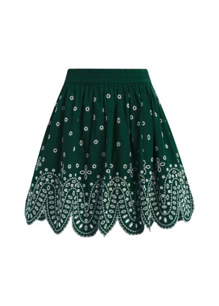 Dark green and white embroidered cotton skirt with scalloped hemline