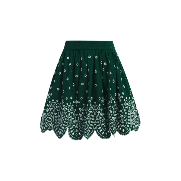 Essentiel Antwerp Dark green and white embroidered cotton skirt with scalloped hemline