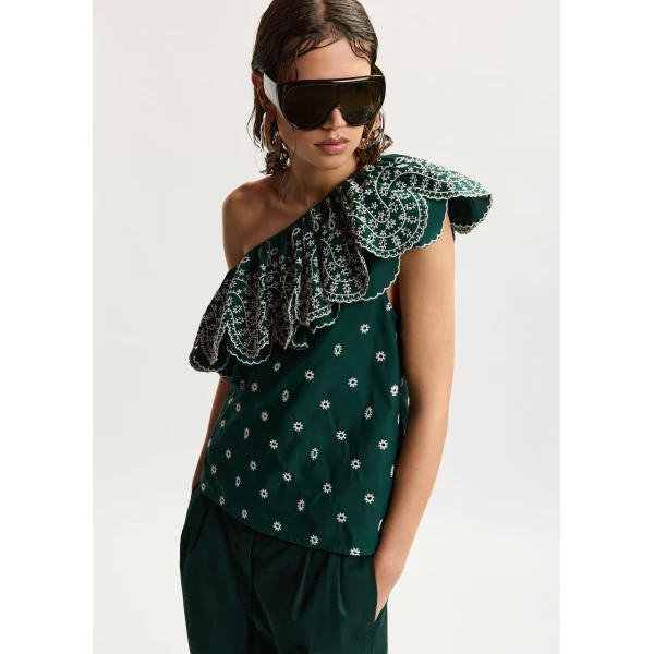 Essentiel Antwerp Dark green and white embroidered one-shoulder cotton top with ruffle detailing, view 2