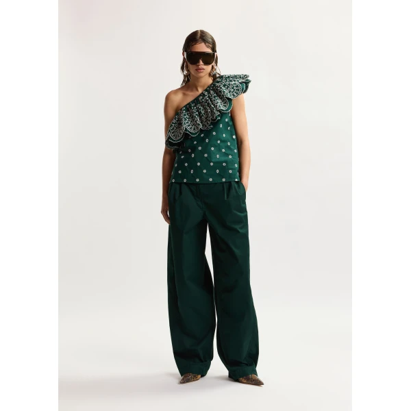 Essentiel Antwerp Dark green and white embroidered one-shoulder cotton top with ruffle detailing, view 3