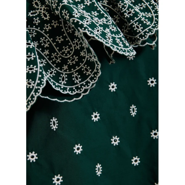 Essentiel Antwerp Dark green and white embroidered one-shoulder cotton top with ruffle detailing, view 6