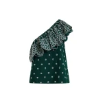 Essentiel Antwerp Dark green and white embroidered one-shoulder cotton top with ruffle detailing