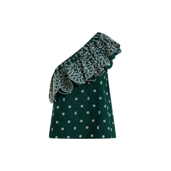 Essentiel Antwerp Dark green and white embroidered one-shoulder cotton top with ruffle detailing