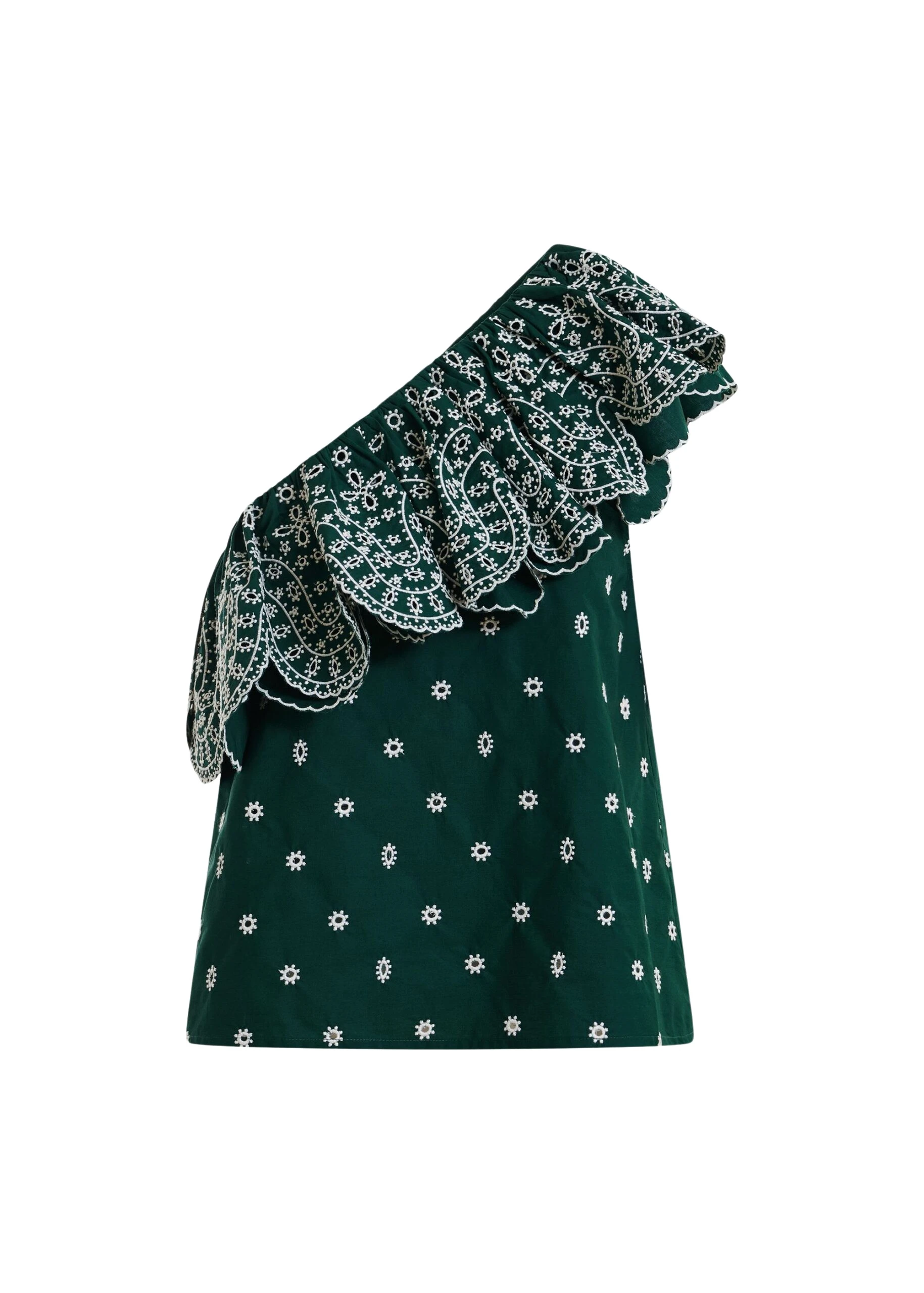 Essentiel-Antwerp-Dark-green-and-white-embroidered-one-shoulder-cotton-top-with-ruffle-detailing-scaled91916_nobg Essentiel Antwerp Dark green and white embroidered one-shoulder cotton top with ruffle detailing