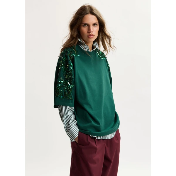 Essentiel Antwerp Dark green cotton T-shirt with floral sequin and bead-embellished embroidery Top, view 2