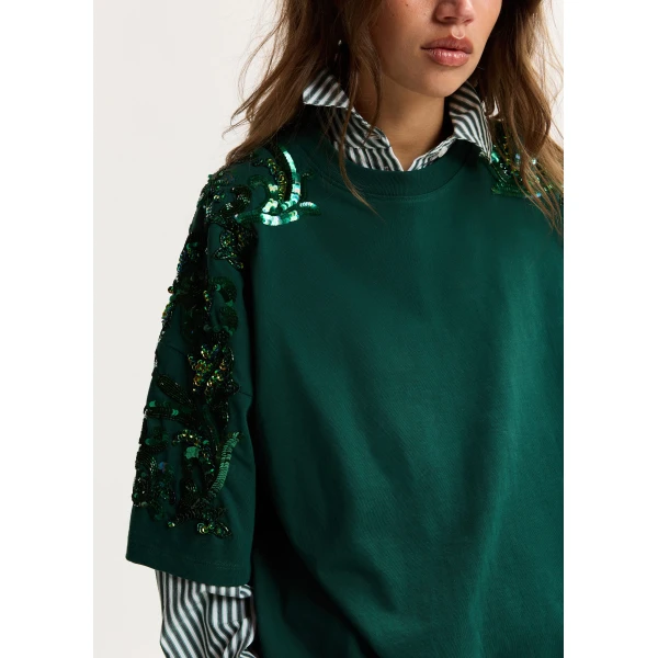 Essentiel Antwerp Dark green cotton T-shirt with floral sequin and bead-embellished embroidery Top, view 3
