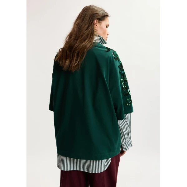 Essentiel Antwerp Dark green cotton T-shirt with floral sequin and bead-embellished embroidery Top, view 4