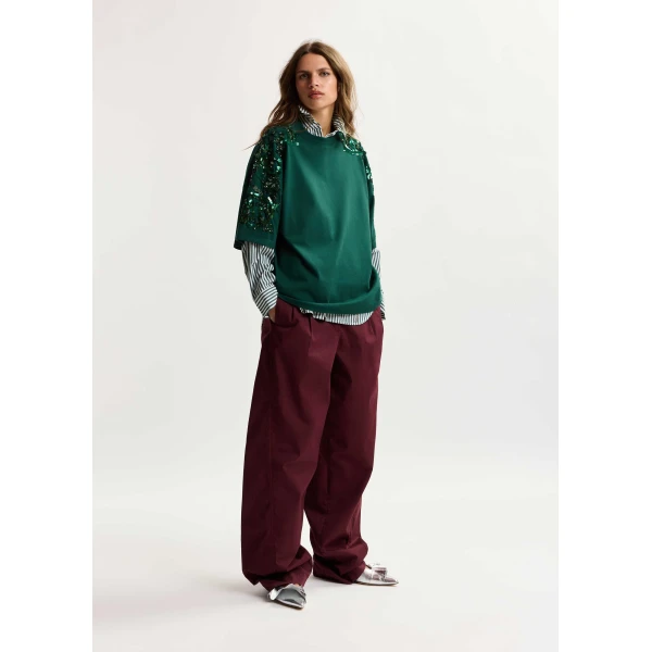 Essentiel Antwerp Dark green cotton T-shirt with floral sequin and bead-embellished embroidery Top, view 5
