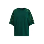 Essentiel Antwerp Dark green cotton T-shirt with floral sequin and bead-embellished embroidery Top