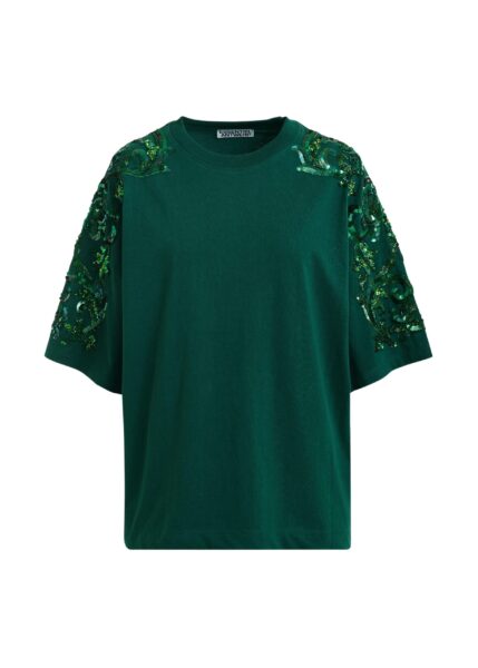 Dark green cotton T-shirt with floral sequin and bead-embellished embroidery