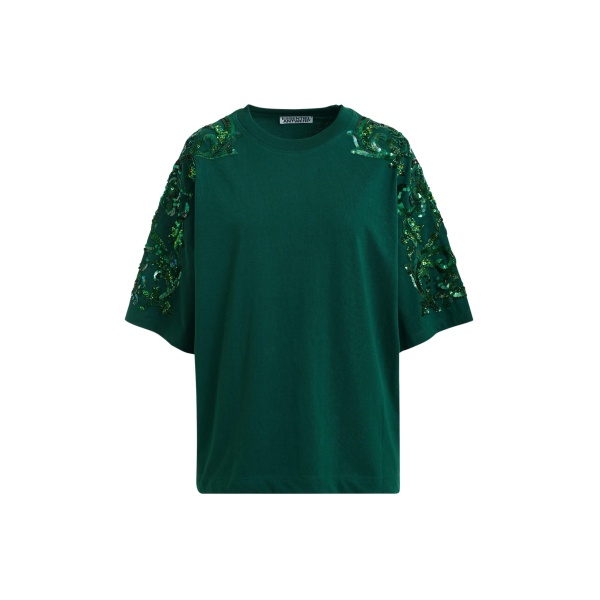 Dark green cotton T-shirt with floral sequin and bead-embellished embroidery