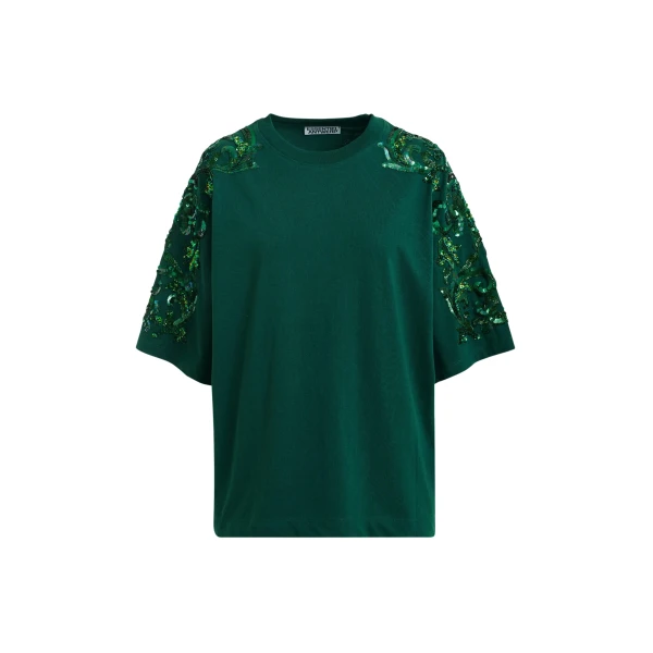Essentiel Antwerp Dark green cotton T-shirt with floral sequin and bead-embellished embroidery Top