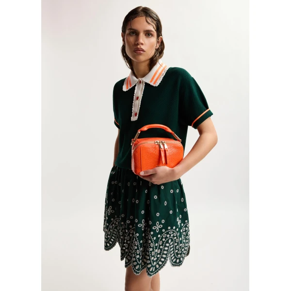 Essentiel Antwerp Dark green fine knit polo top with white and orange lace-trimmed collar and strawberry-shaped buttons, view 2