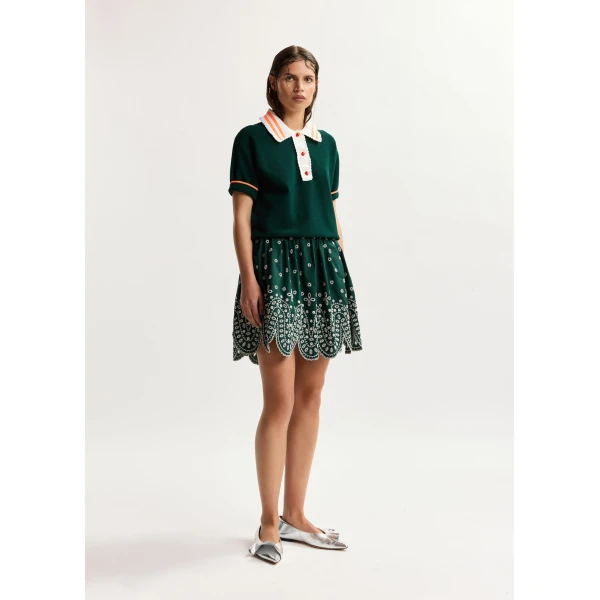 Essentiel Antwerp Dark green fine knit polo top with white and orange lace-trimmed collar and strawberry-shaped buttons, view 4