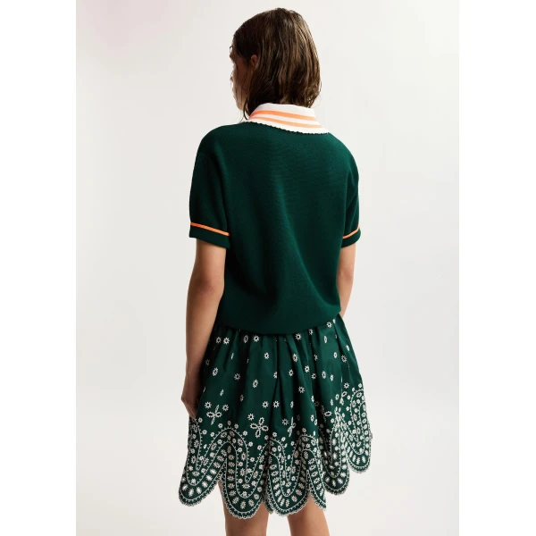Essentiel Antwerp Dark green fine knit polo top with white and orange lace-trimmed collar and strawberry-shaped buttons, view 5
